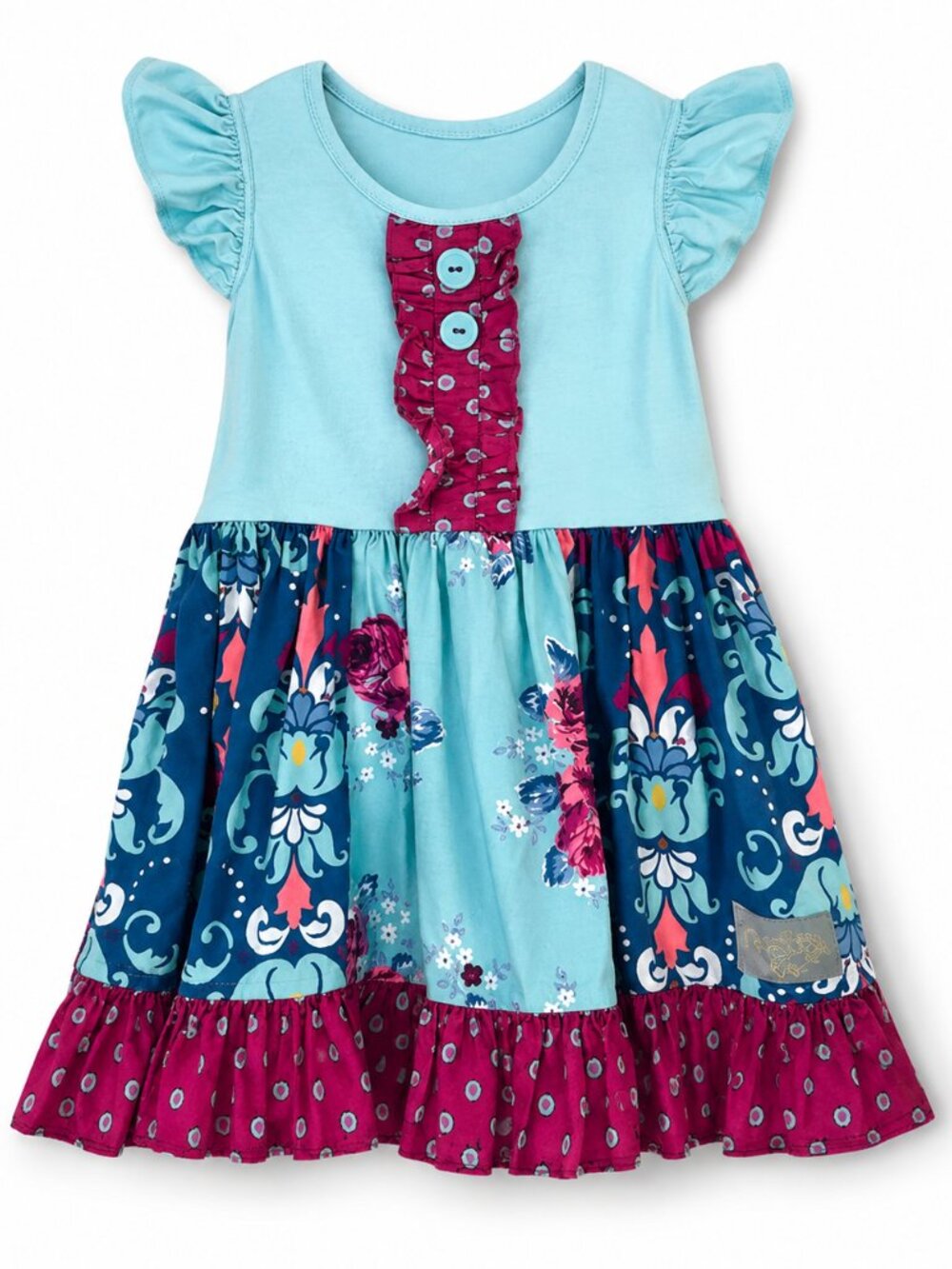 EleaNor Rose Girls Blue Floral Ruffle Dress Size 3/4 Boutique Cottagecore